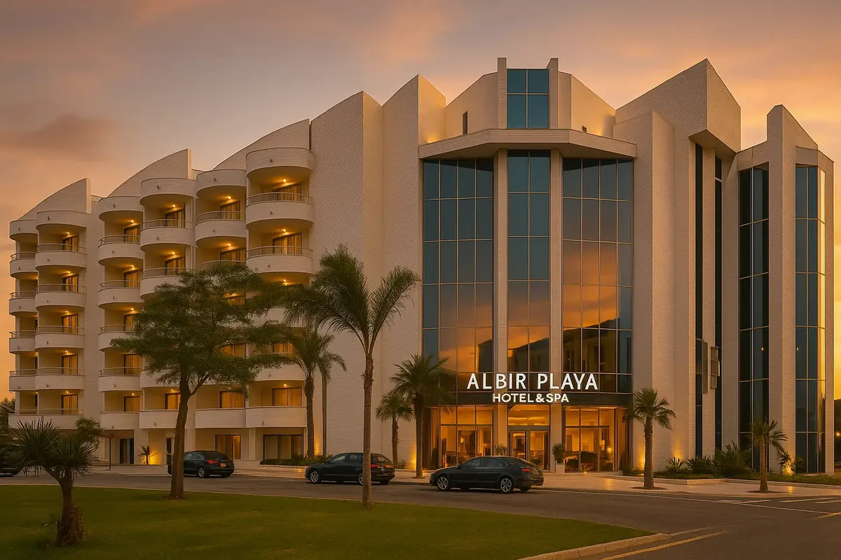 Fachada del Albir Playa Hotel & Spa al atardecer, con luz cálida y palmeras en El Albir