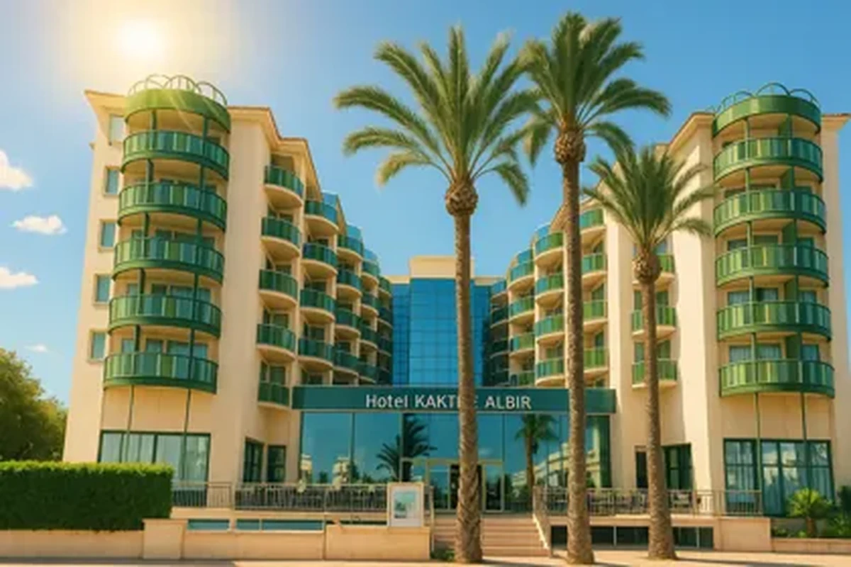 Fachada del Hotel Kaktus Albir en un día soleado, con palmeras y cielo azul frente al paseo marítimo de El Albir.