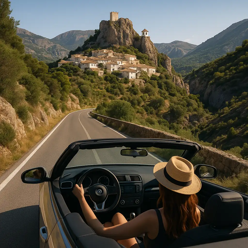 Chica conduciendo un coche descapotable hacia el pueblo de Guadalest por una carretera de montaña.