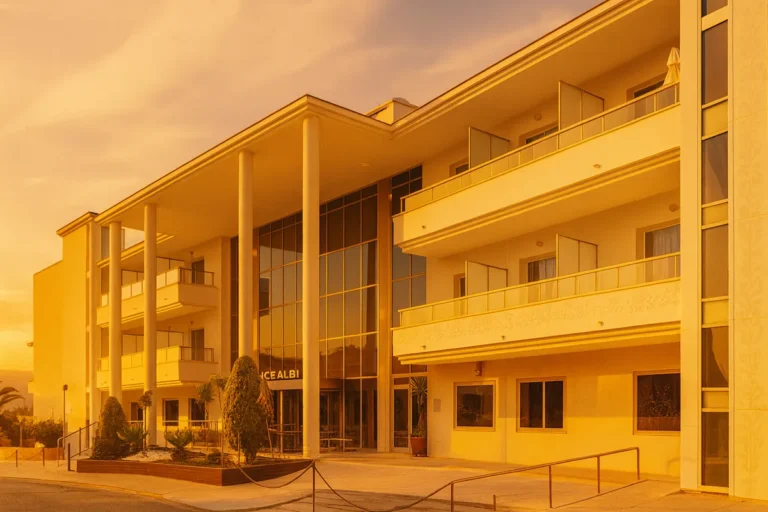Fachada del Sun Palace Albir Hotel & Spa iluminada por la luz dorada del atardecer.