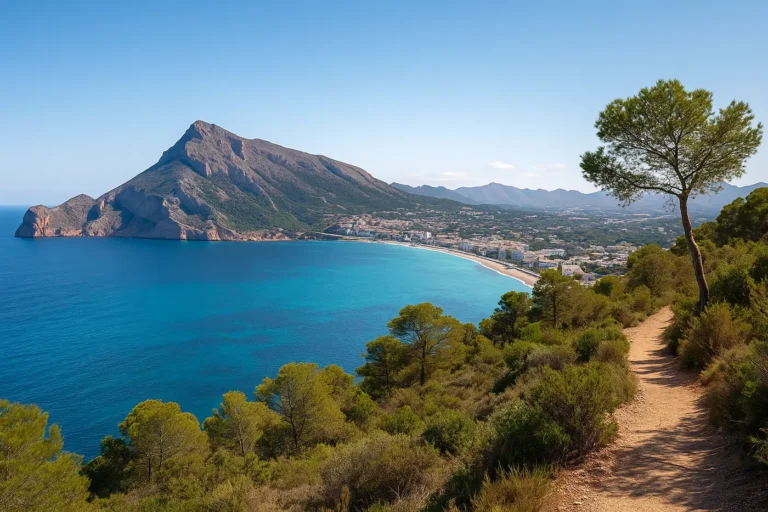 Vista panorámica de la bahía de Albir y la Serra Gelada desde un sendero con pinos y mar azul turquesa.