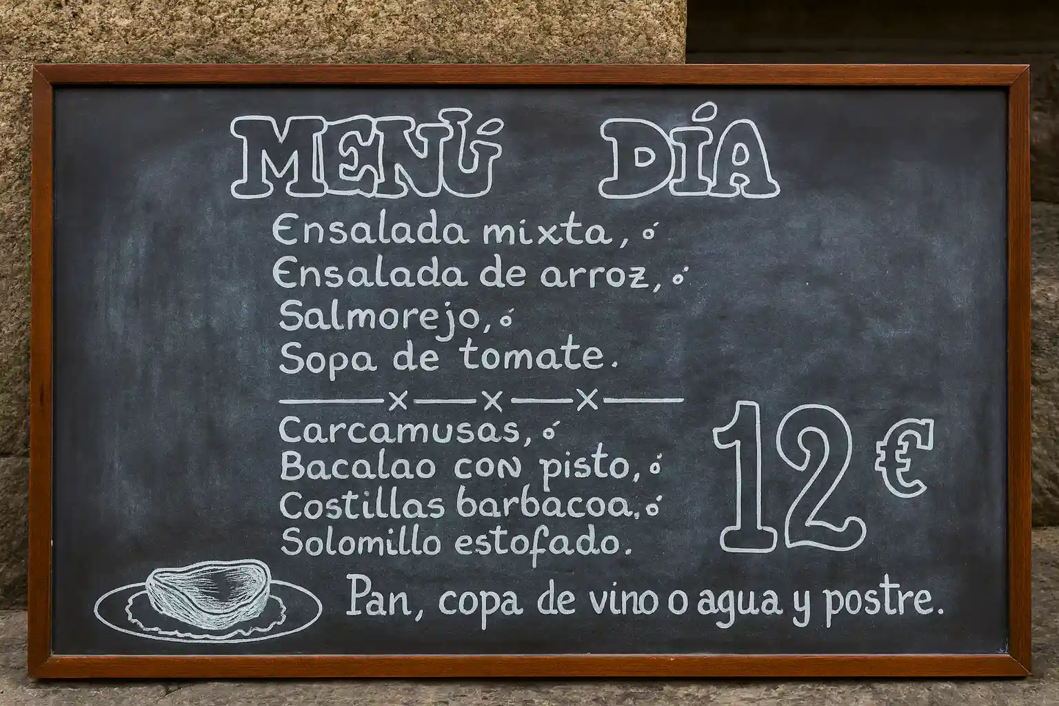 Cartel de menú del día escrito en pizarra con platos caseros y precio de 12 euros.