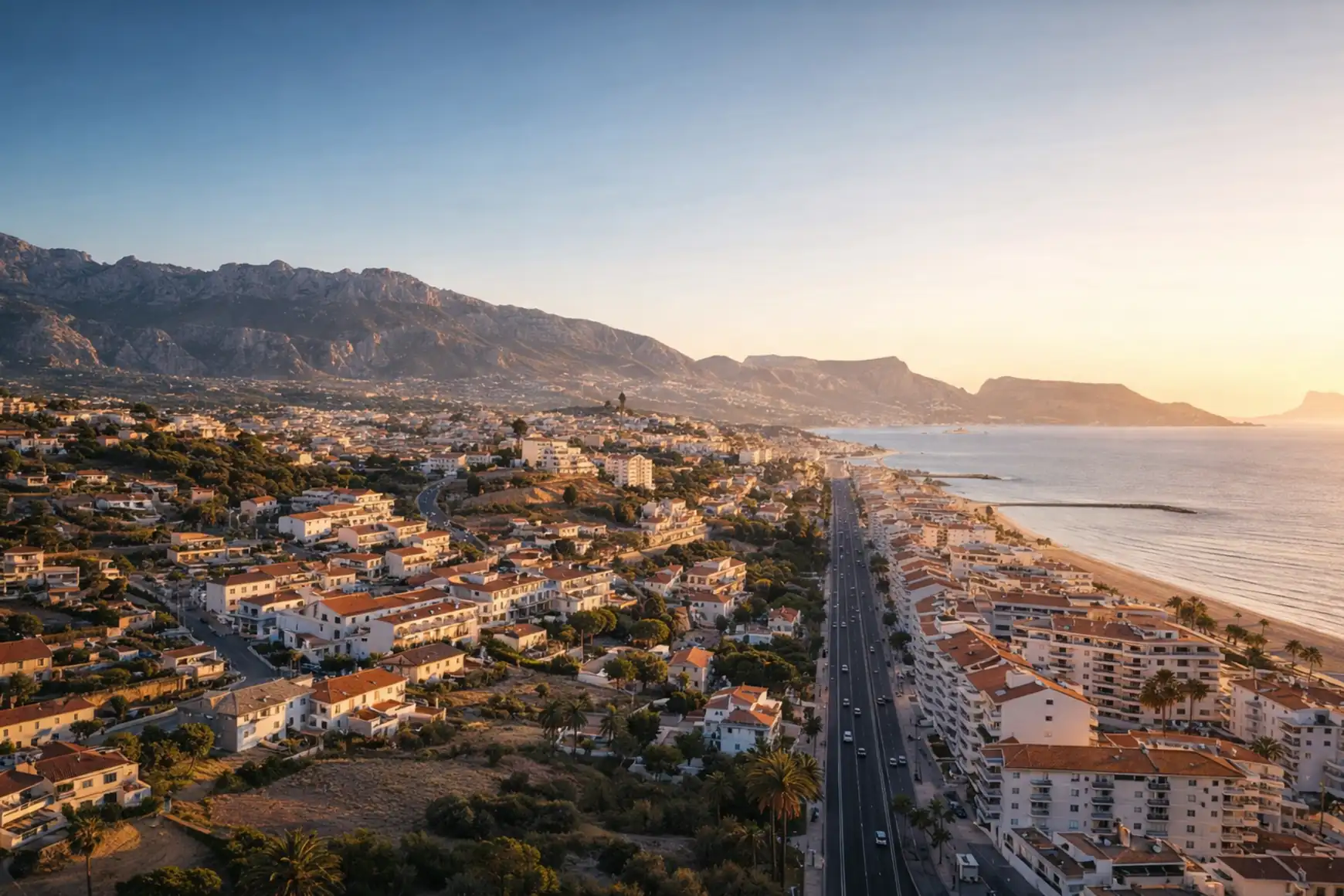 Vista aérea del paseo marítimo de El Albir al atardecer con la Sierra Helada y el mar Mediterráneo