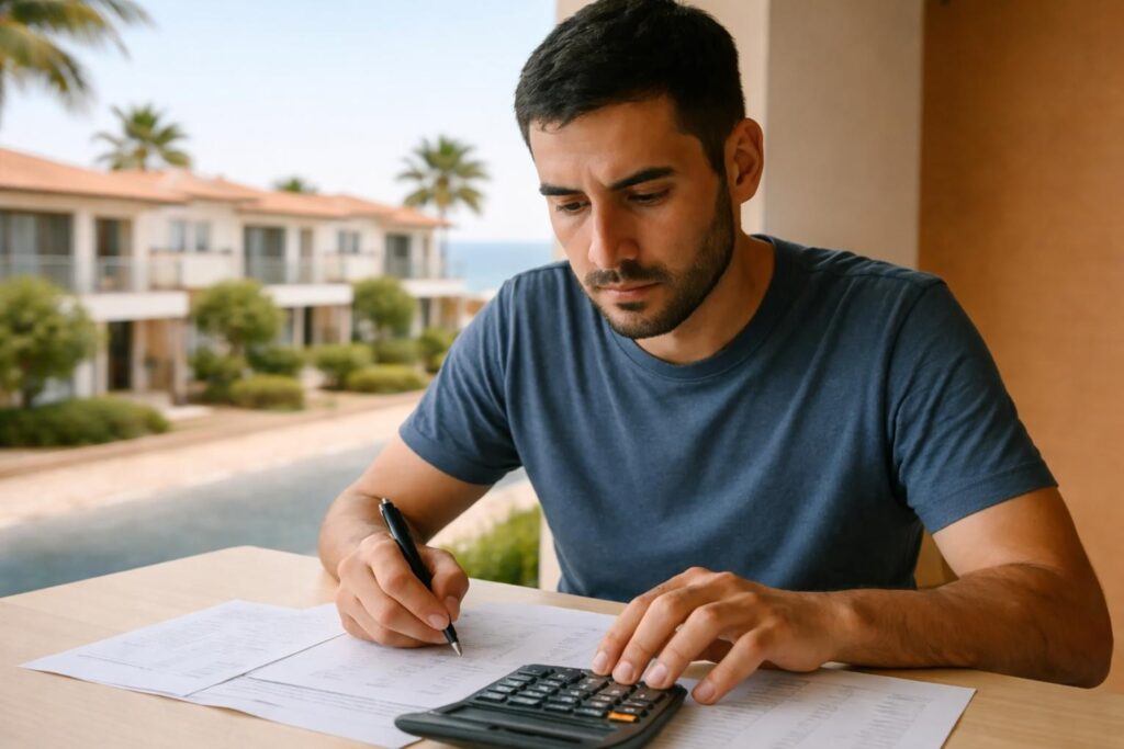 Joven trabajador calculando el coste del alquiler en El Albir desde casa, con chalets adosados junto a la playa al fondo.