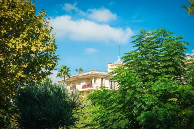 Edificio residencial con ático y terraza rodeado de vegetación y palmeras bajo cielo azul