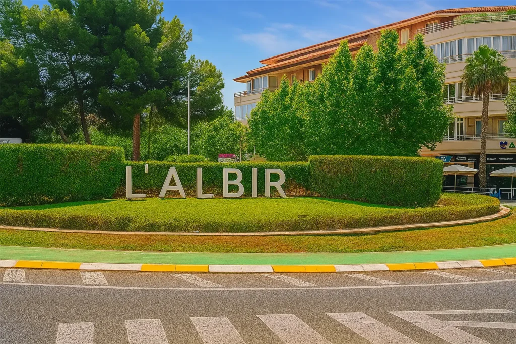 Rotonda de entrada a L’Albir con el cartel “L’Albir”, jardines cuidados y edificios residenciales al fondo