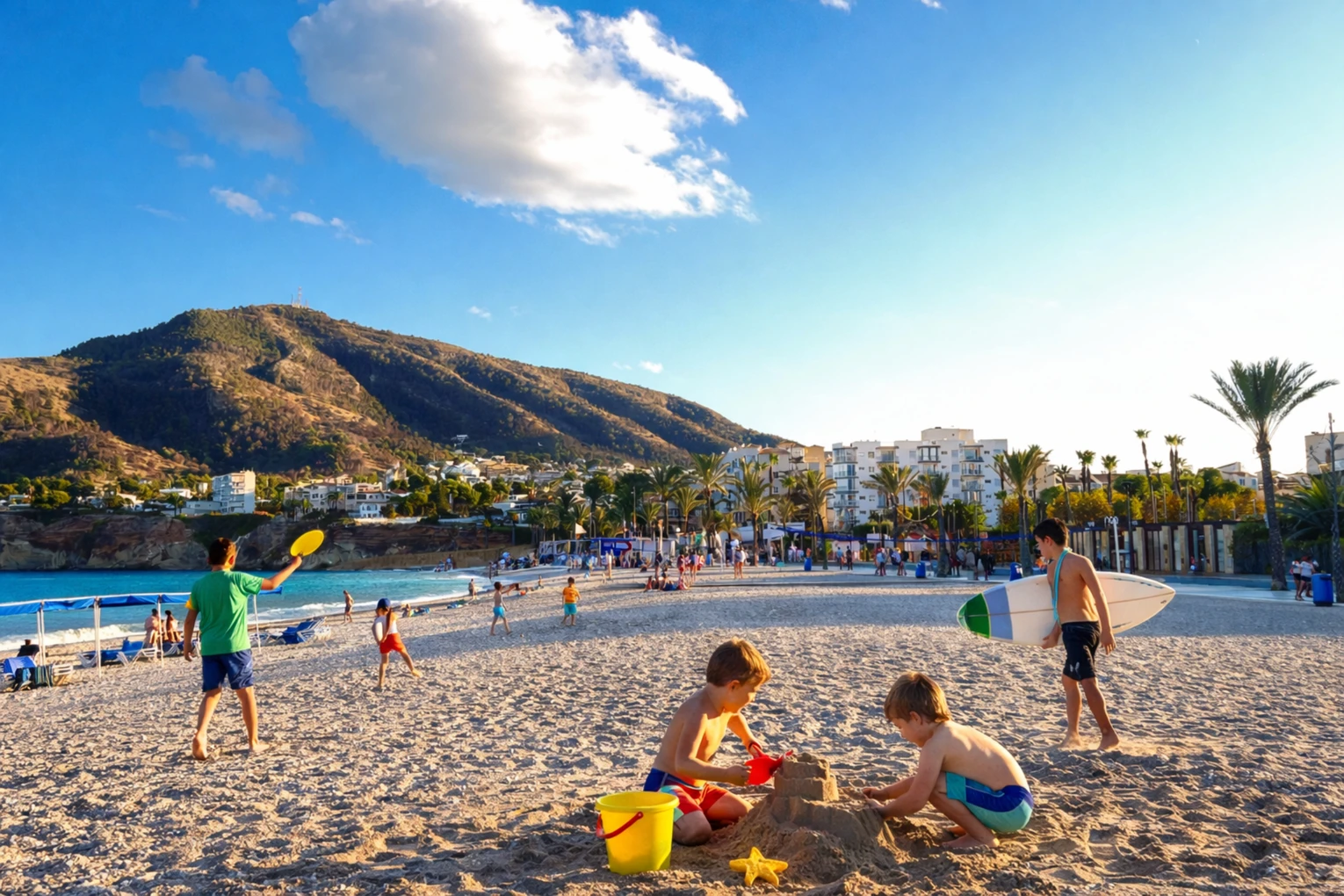 Tarde en la Playa del Albir con niños jugando en la arena y personas paseando junto al mar