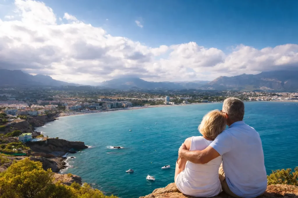 pareja observando el Albir desde un mirador con vistas a la playa y la Costa Blanca