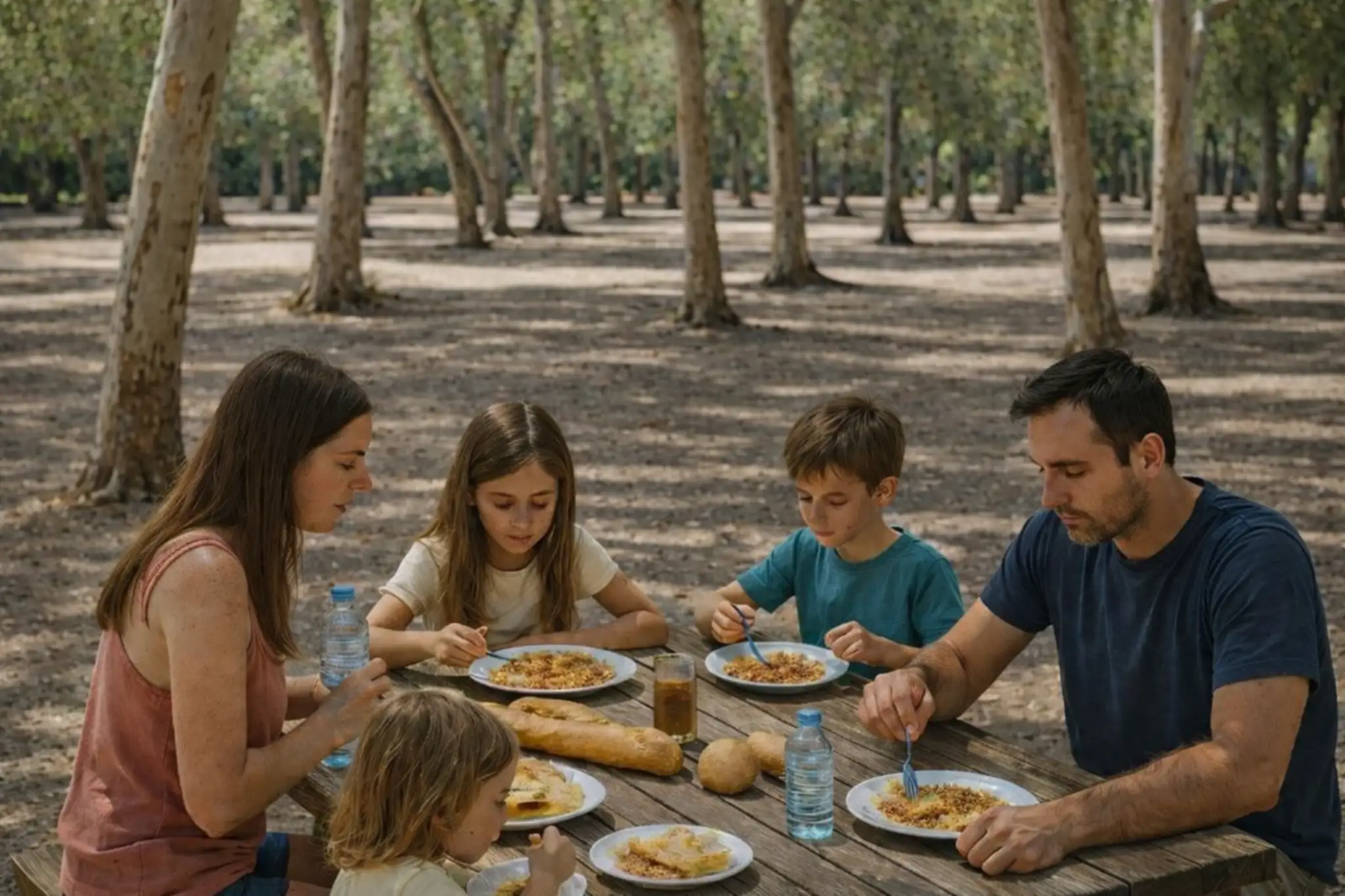 picnic barato en el Parque de los Eucaliptos en El Albir con familia comiendo al aire libre