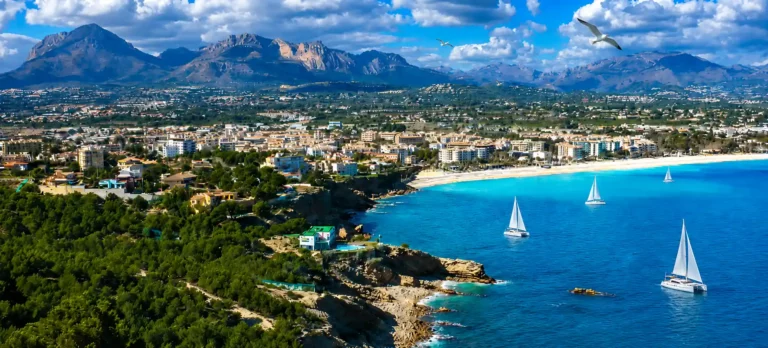 Vista aérea de las calas del Albir en la Serra Gelada, con costa rocosa, aguas turquesas, playa del Albir, gaviotas y catamaranes frente al Mediterráneo.