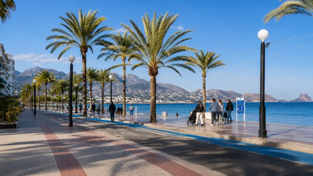 Clima en El Albir con paseo marítimo soleado y vistas a la Serra Gelada junto al Mediterráneo