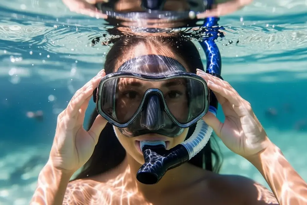 Mujer joven practicando snorkel, respirando correctamente por la boca a través del tubo mientras mantiene la cara sumergida en agua cristalina.