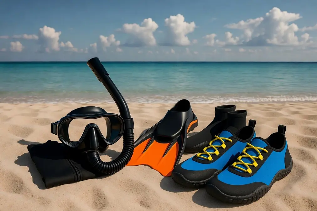 Equipo básico de snorkel en la arena de la playa: máscara, tubo, aletas, camiseta de licra y escarpines. Preparado para practicar snorkel en Playa del Albir.