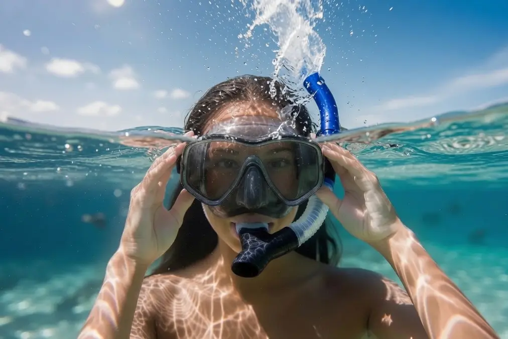 Mujer con equipo de snorkel soplando fuerte el tubo para expulsar agua, creando un chorro como una ballena. Demostración del paso para limpiar el tubo cuando entra agua.