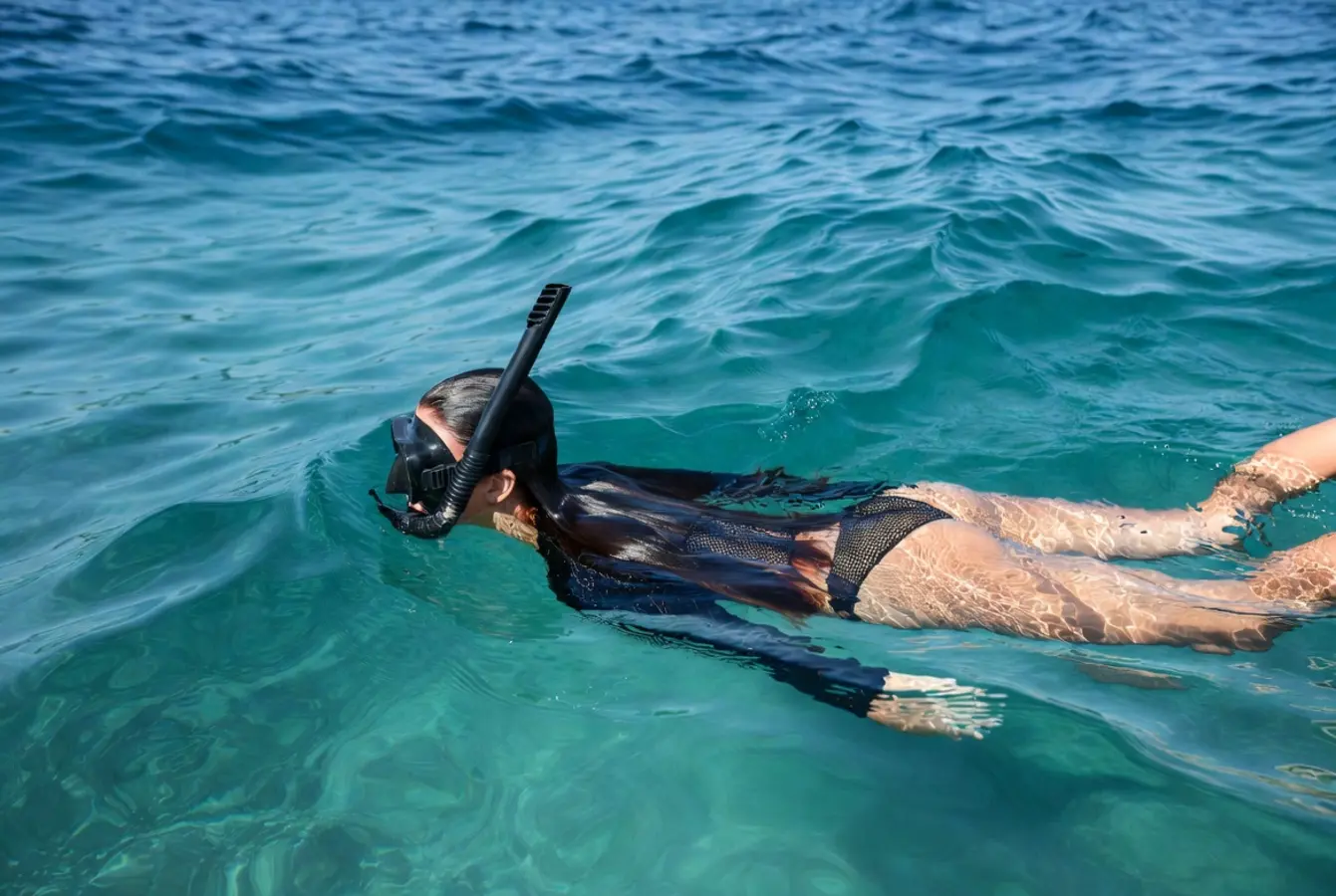 Mujer haciendo snorkel profesional en aguas cristalinas del Mediterráneo. Vista lateral con la cara sumergida, usando máscara, tubo y equipo completo, nadando relajada cerca de la superficie.