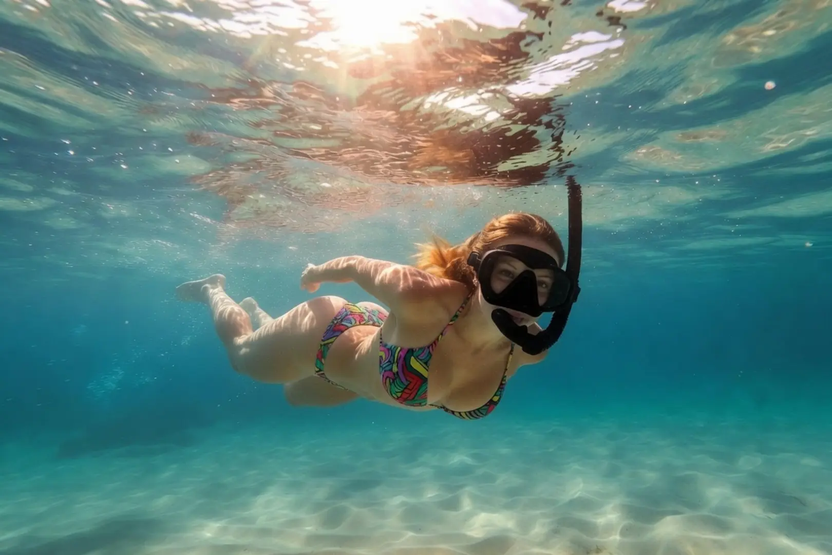 Chica atractiva haciendo snorkel en aguas cristalinas del mar tropical, vista submarina desde abajo, nadando cerca de la superficie con máscara y bikini.
