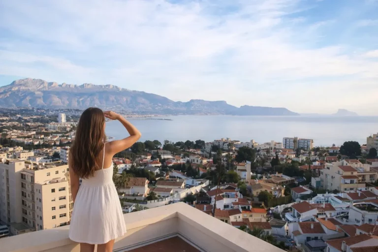 Chica de espalda en una terraza de El Albir mirando el horizonte con la mano sobre los ojos, con vistas a la bahía, las montañas y el mar Mediterráneo