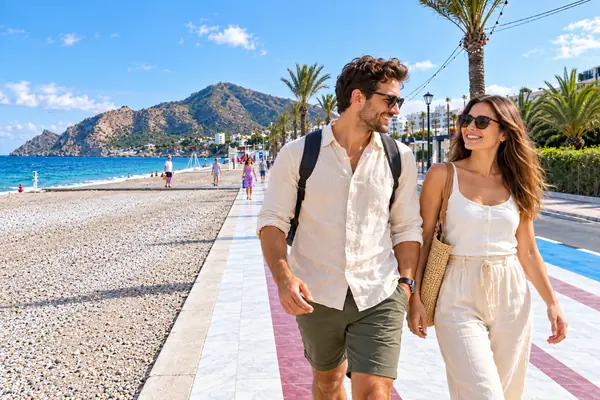 De visita en El Albir: paseo junto al mar Pareja paseando junto a la playa de El Albir, con palmeras y la Serra Gelada al fondo