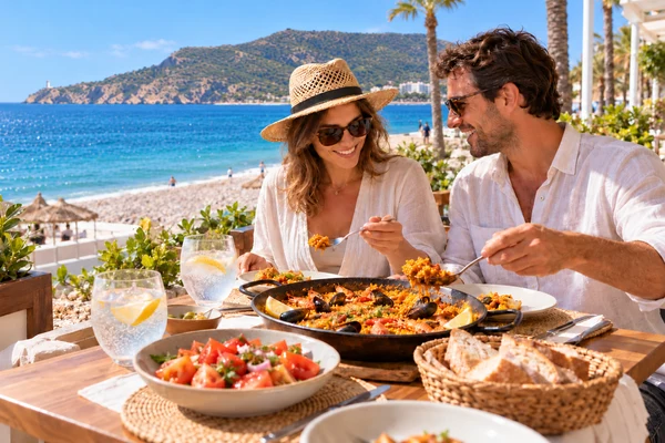 Dónde comer en El Albir: una comida junto al mar Pareja compartiendo una paella en una terraza junto al mar, con la Serra Gelada y el faro del Albir al fondo