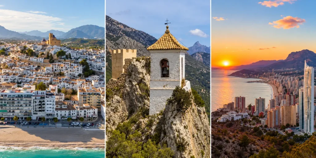 Composición de Altea junto al mar, el campanario de Guadalest y la panorámica de Benidorm al atardecer.